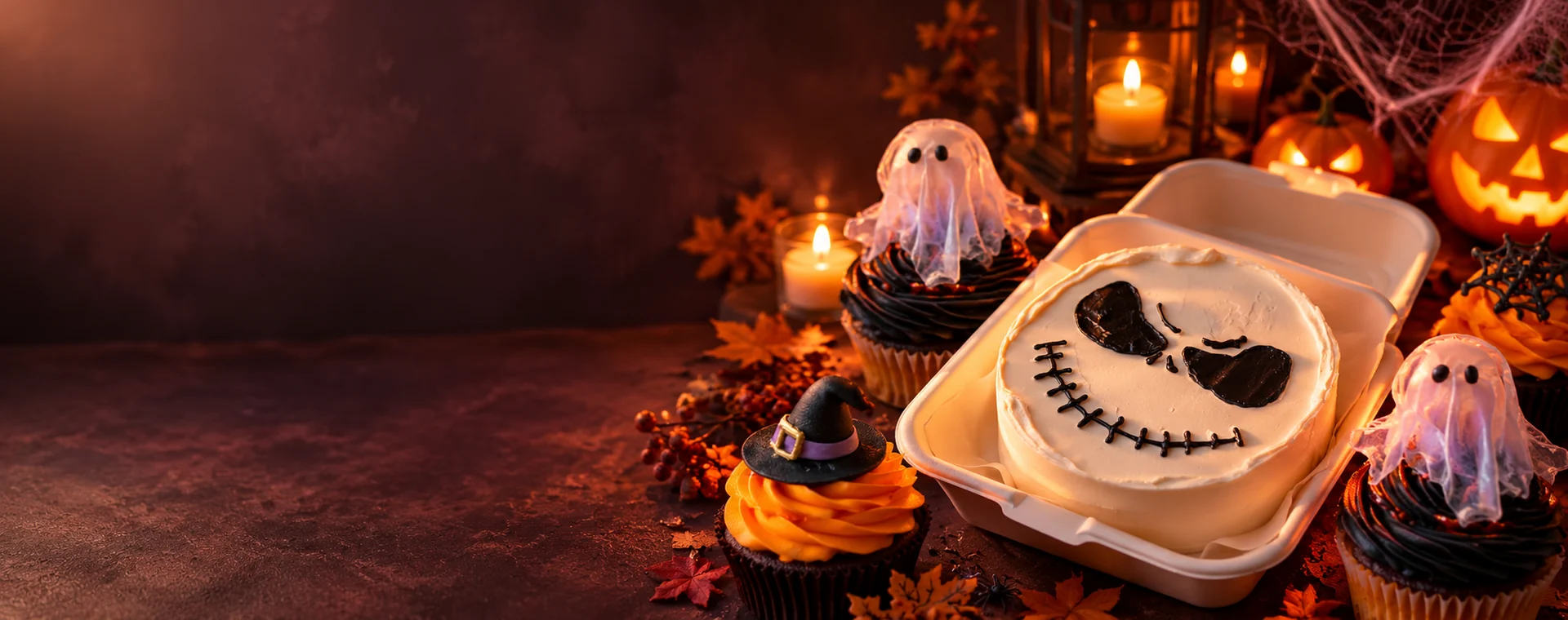 Десерты Halloween MounCake в тёплом свете свечей: бенто и капкейки с привидениями